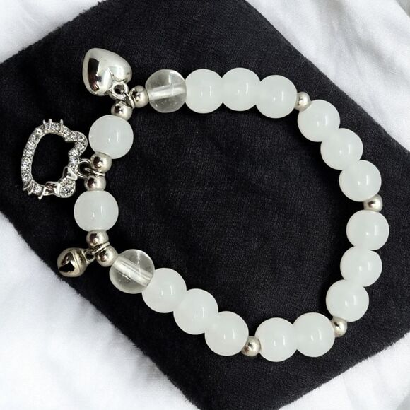 Hello Kitty Beaded Charm Bracelet Rhinestone Silver Pendant Cut-Out Cat Jewelry - Picture 4 of 4